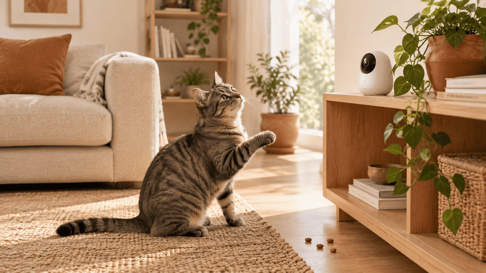 Best cat camera with treat dispenser on living room shelf