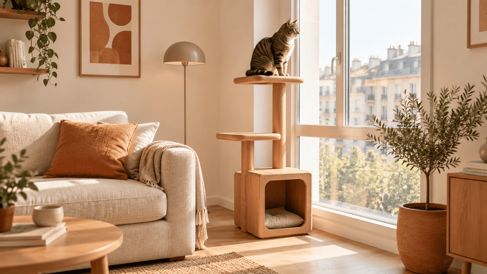 Best cat trees for small apartments: oak tower by window
