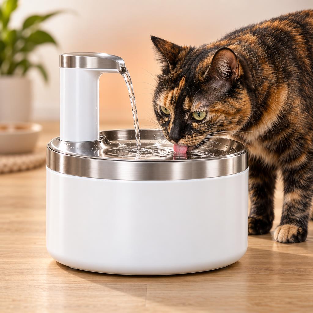 Best cat water fountain on a kitchen floor with cat drinking