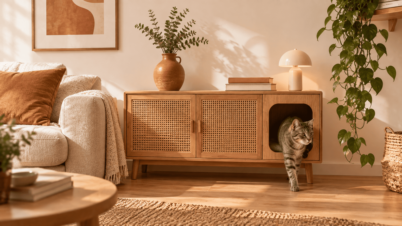 Best hidden litter box furniture: wood cabinet in living room