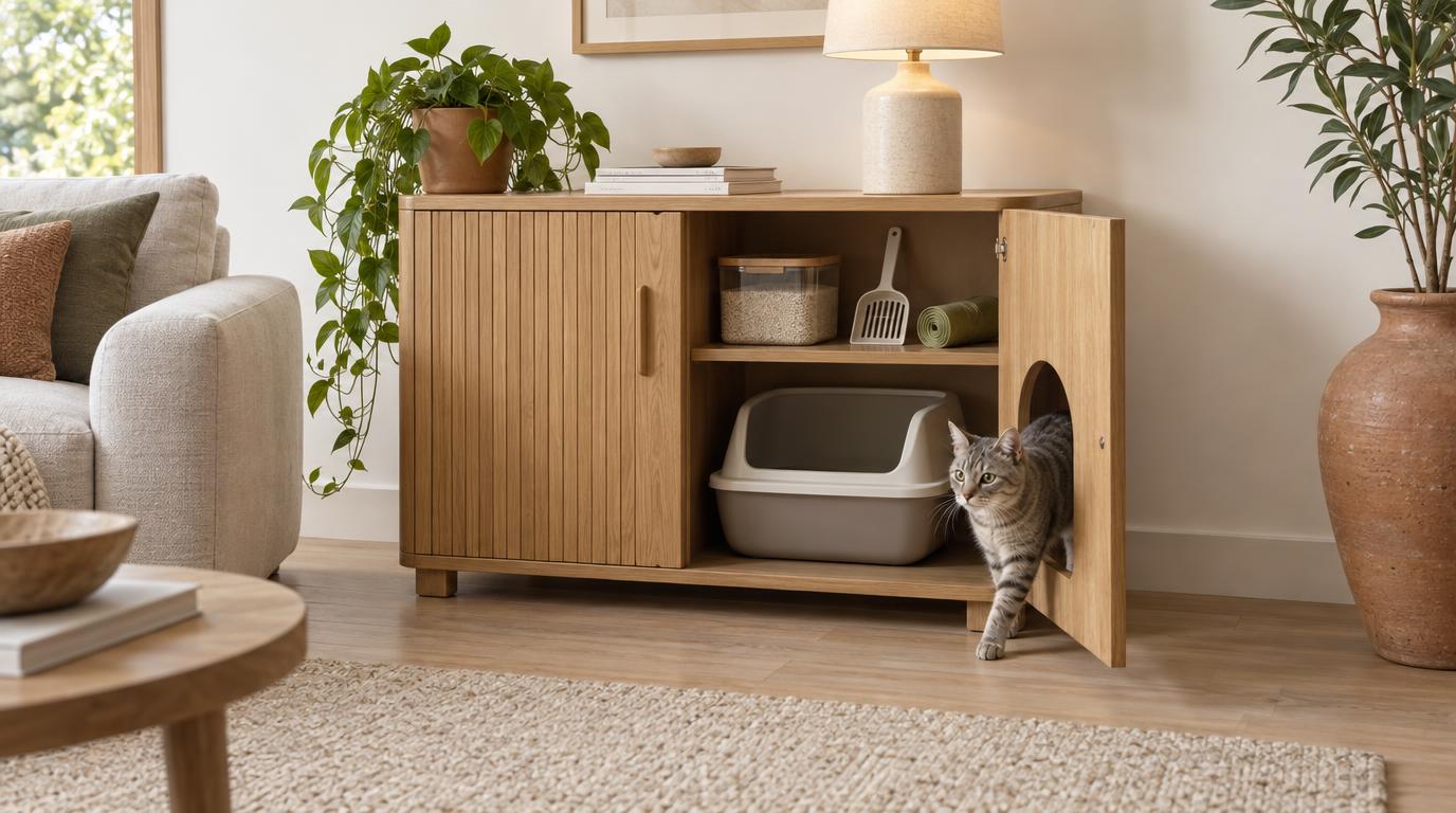 Best litter box cabinet with storage in modern living room