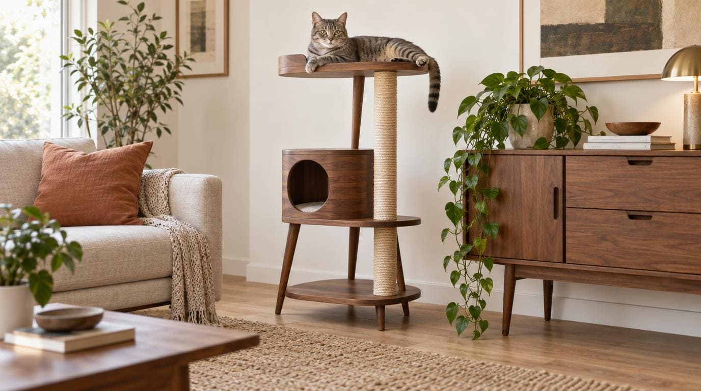 Modern cat tree that looks like furniture in oak living room